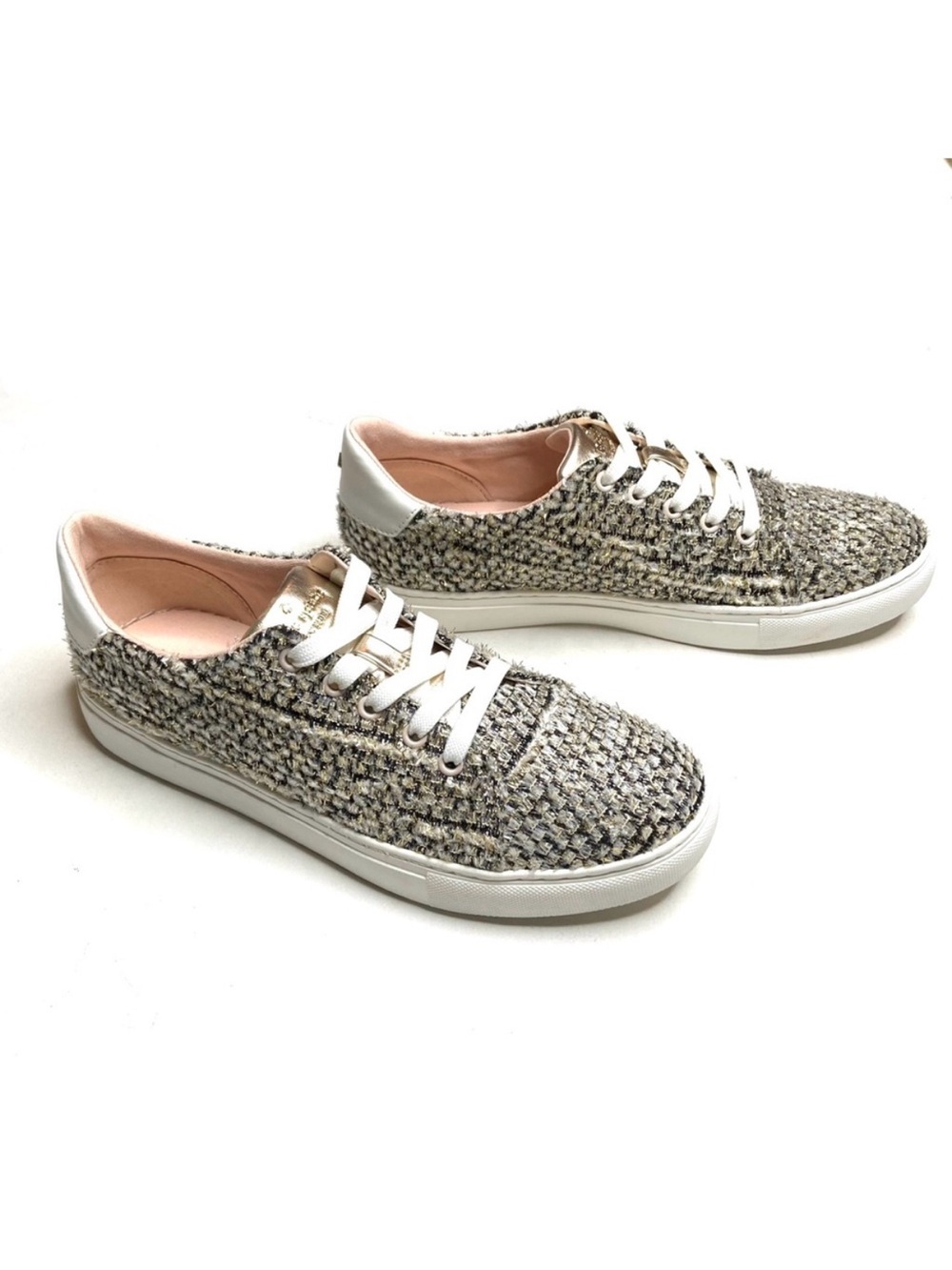 KATE SPADE Tweed Fleet Low-Top Sneakers Lace Up Gold Black White Boucle Size 7.5